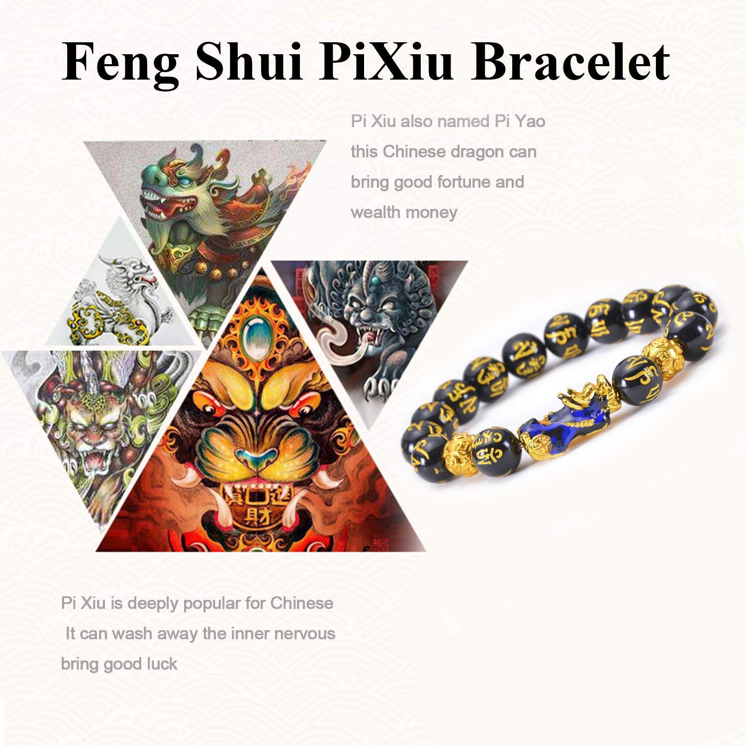Feng Shui Prosperity 10mm Hand Carved Mantra Bead Bracelet with Color Changed Pi Xiu/Pi Yao Attract Wealth and Good Luck