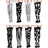 Geyoga 8 Pairs Halloween Thigh High Stockings for Women Skeleton Spooky Socks over Knee Long Socks for Cosplay