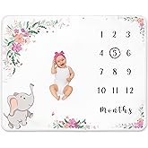 Baby Girl Milestone Blanket – Floral Elephant Design – Soft Fleece Monthly Growth Blanket with Accessories for Photos and Nursery Décor 50x40 Inches