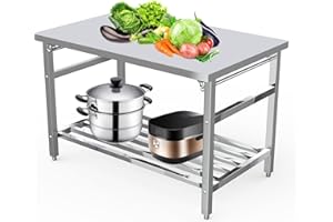 OUTGOODS 48''x24'' Stainless Steel Folding Preparation Table with Adjustable Undershelf, NSF Commercial Heavy-Duty Workbench, for Kitchen, Hotel, Home, Outdoor Cooking Table