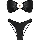 ZAFUL Womens Bandeau Bikini Set Metallic Sparkly O Ring Lace Up Tie Side High Cut Tanga Sexy Bathing Suit Swimwear
