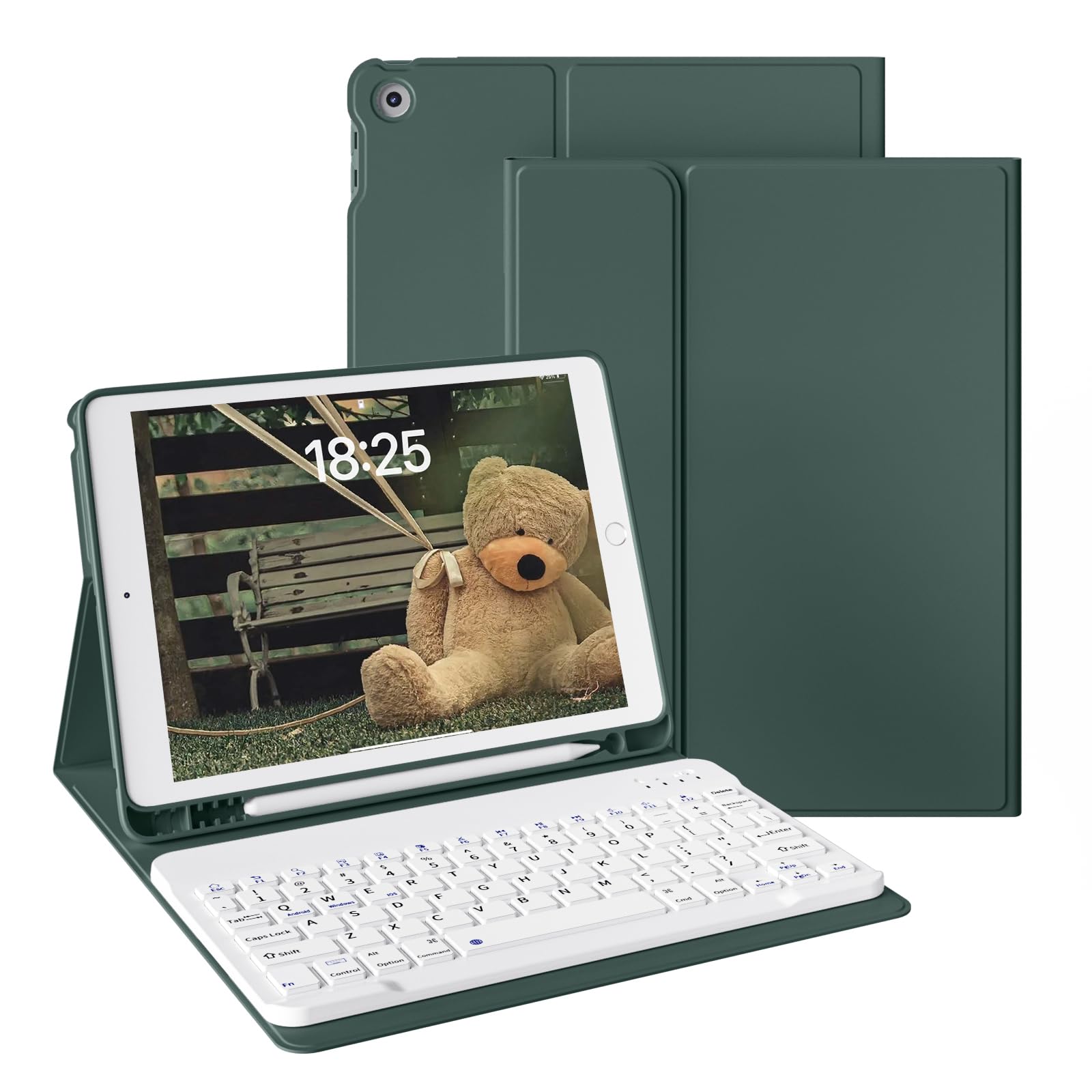 zoyu Keyboard Case for iPad 9th/8th/7th Generation (2021/2020/2019) 10.2-inch with Pencil Holder, Slim Stand Cover Soft TPU Back, Magnetically Detachable Wireless Keyboard, Dark Green