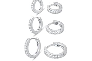 micuco 3 Pairs Small Hoop Earrings Tiny Cartilage Earrings Cubic Zirconia Earrings White Gold Plated Huggie Hoop Ear Piercing Earrings for Women 8mm 10mm 12mm