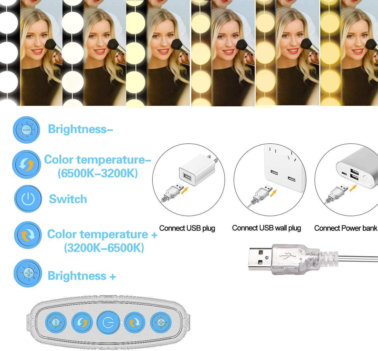 SICCOO Makeup Vanity Lights for Mirror, Hollywood Style LED Vanity Mirror Lights with 14 dimmable Bulbs, USB Cable, White: Home Improvement