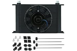 American Volt Universal 25 Row Black Aluminum Engine Transmission Oil Cooler 8AN Hose Ends 6" Inch 12 Volt Electric Cooling F