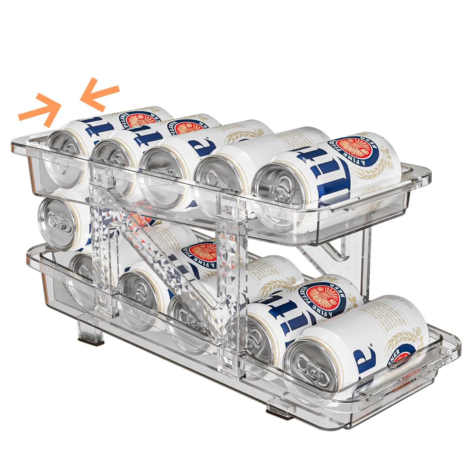 STORICANS Soda Dispenser with Adjustable Width,Refrigerator Can Organiser,2-Layer Automatic Rolling Can Organiser Retractable Storage for Freezer,Kitchen, Fridge, Pantry, Cabinets, Clear