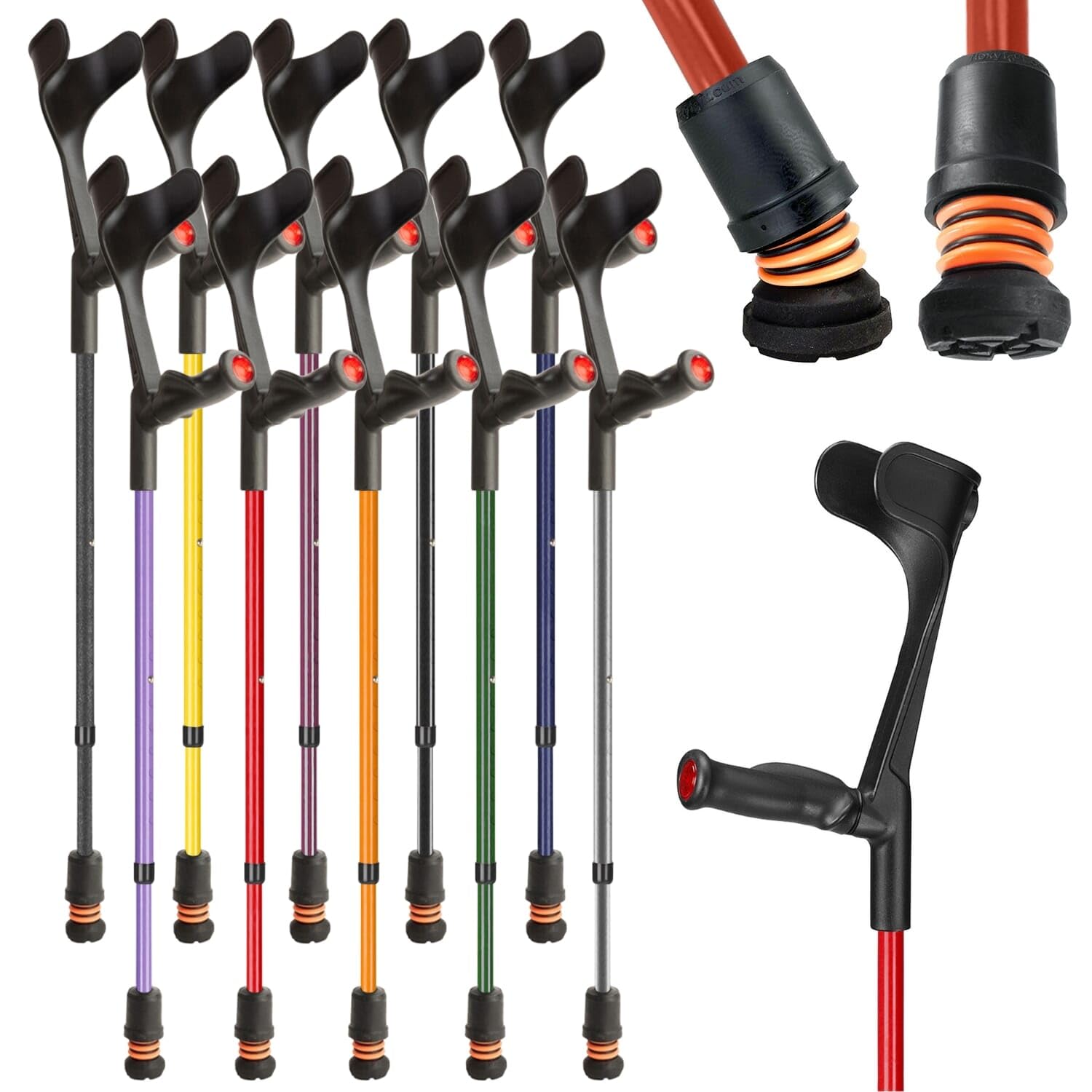 Flexyfoot Shock Absorbing Comfy Grip Adjustable Crutch – Improves Safety, Improves Comfort, Reduces Shocks & Jarring – Red – Left Handed