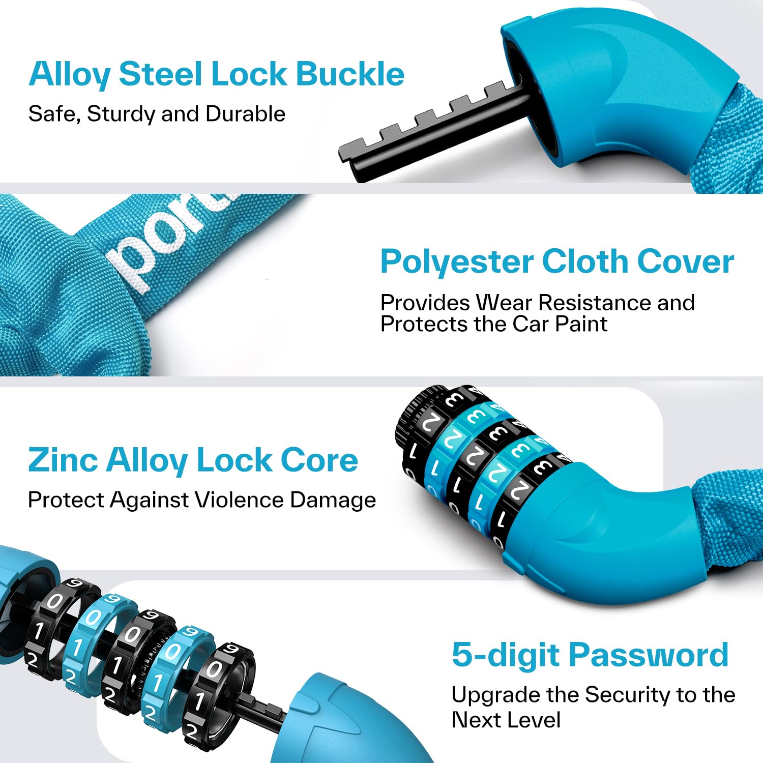 Sportneer Fahrradschloss, Zahlenschloss mit Zahlen und hoher Sicherheitsstufe Kettenschlösser Fahrrad 5-stellige Rückstellbar Radabsperrung mit Kette aus Gehärtetem Stahl 6 MM x 100/110/120CM 5