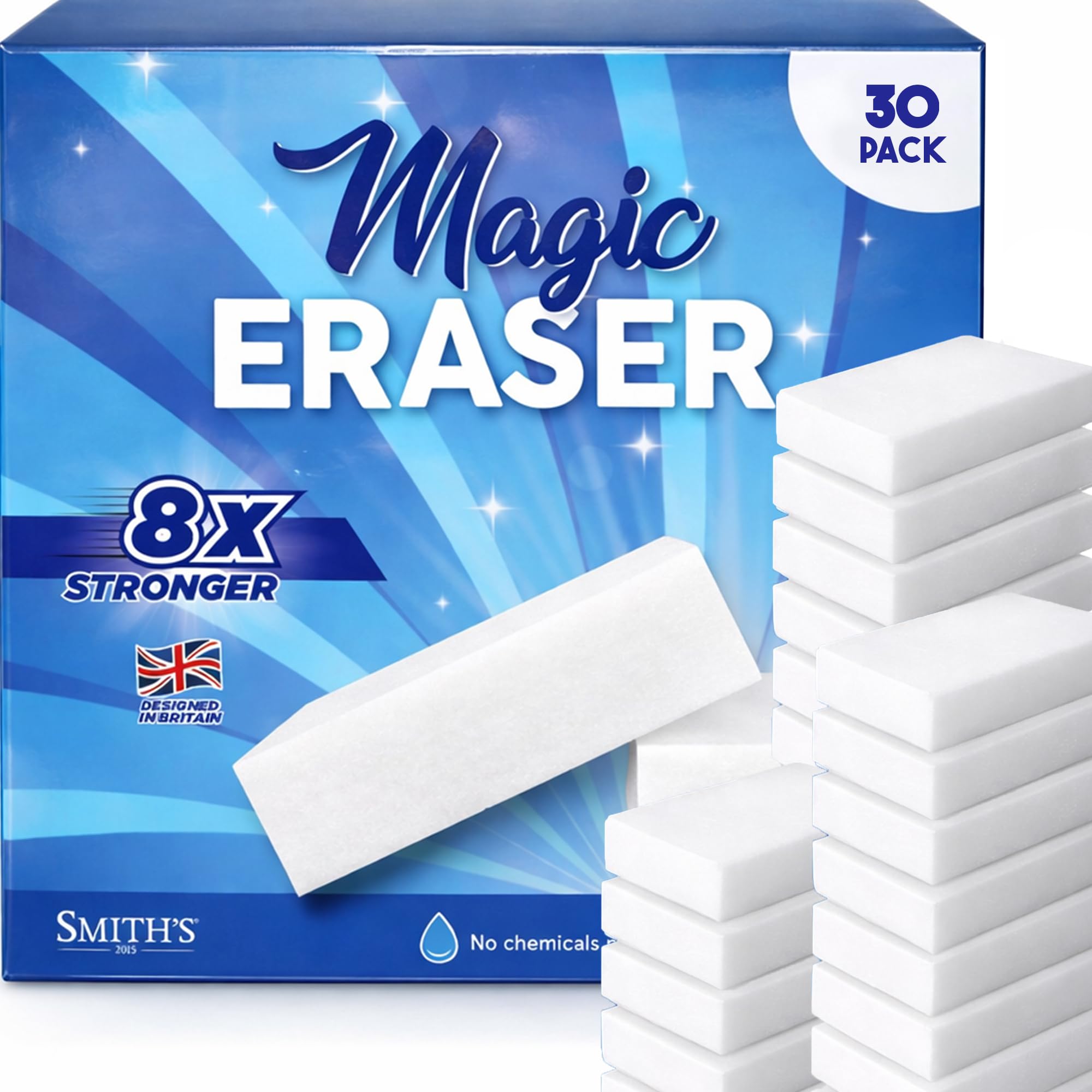 Magic Eraser Sponge for Cleaning by Smith’s | 30 Pack | Trusted by Professional Cleaners | Serving UK Homes for Over 10 Years | 8X Stronger Than Cellulose | Chemical Free