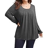 VNIRA Plus Size Long Sleeve T Shirt for Women Oversized Crew Neck Loose Fit Pleated Spring Fall Casual Tunic Top