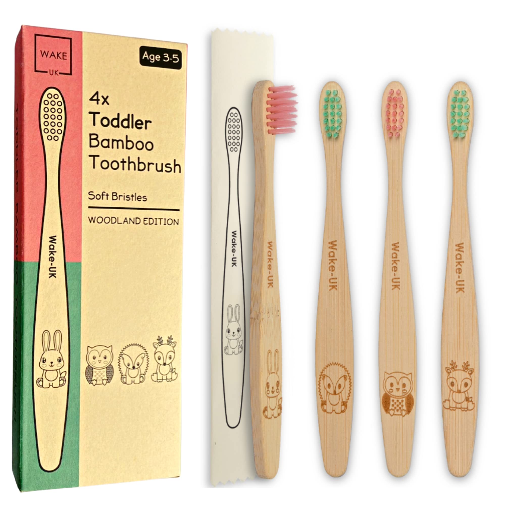 Kids Bamboo Toothbrush for Children | Organic & Eco-Friendly | 4 Pack | Soft Bristle Toothbrush by Wake-UK | Hygienically Sealed | Eco Friendly | Biodegradable