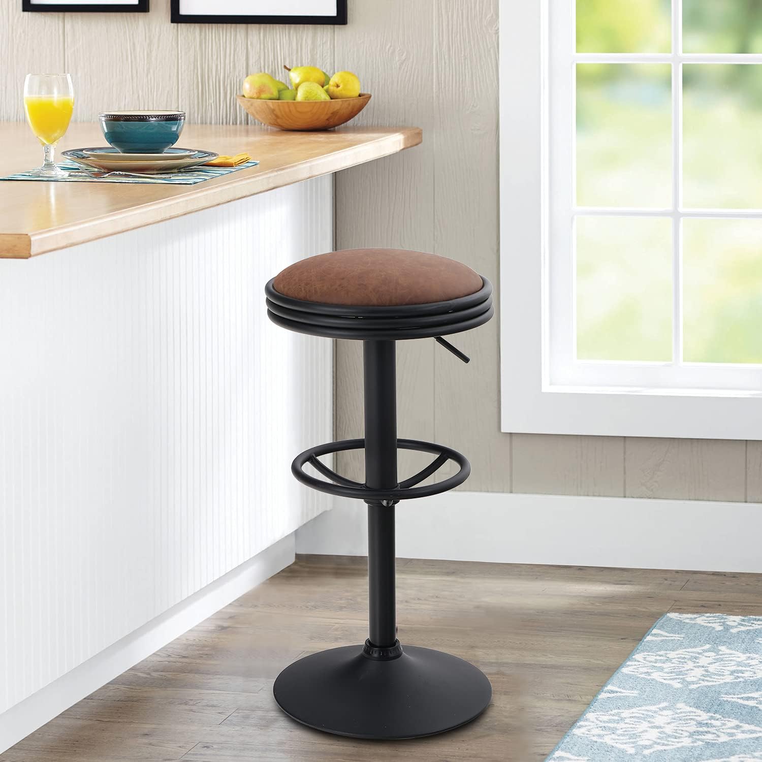 MAISON ARTS Swivel Bar Stool for Kitchen Counter Adjustable Backeless Barstool Farmhouse Counter Height Bar Chair Modern Kitchen Island Stools Backless Upholstered Round Barstool, 1 Stool, Brown: Kitchen & Dining