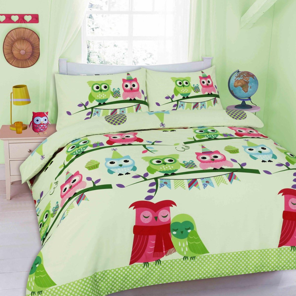 GoldStar® Cute Owl Mint Green King Size Duvet Quilt Cover Printed Bedding Set