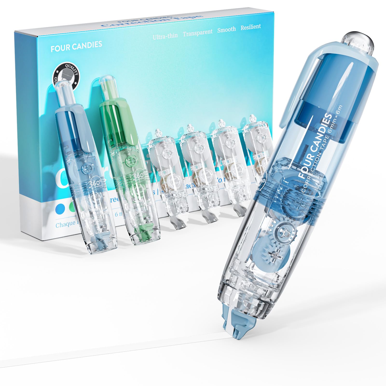 Four Candies White Out Correction Tape, 2PCS Colorful Refillable Retractable Cute Mini Aesthetic Quick Dry White Out with 4 Replacement Tapes for Home School Office Supplies (Blue Green)