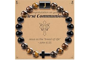 GIFT4U First Communion Gifts for Boys- Initial Cross Bracelet A-Z Black Natural Stone Bracelet,Confirmation Gifts for Teenage Boys,First Communion Decorations,First Communion Gifts for Boys Catholic