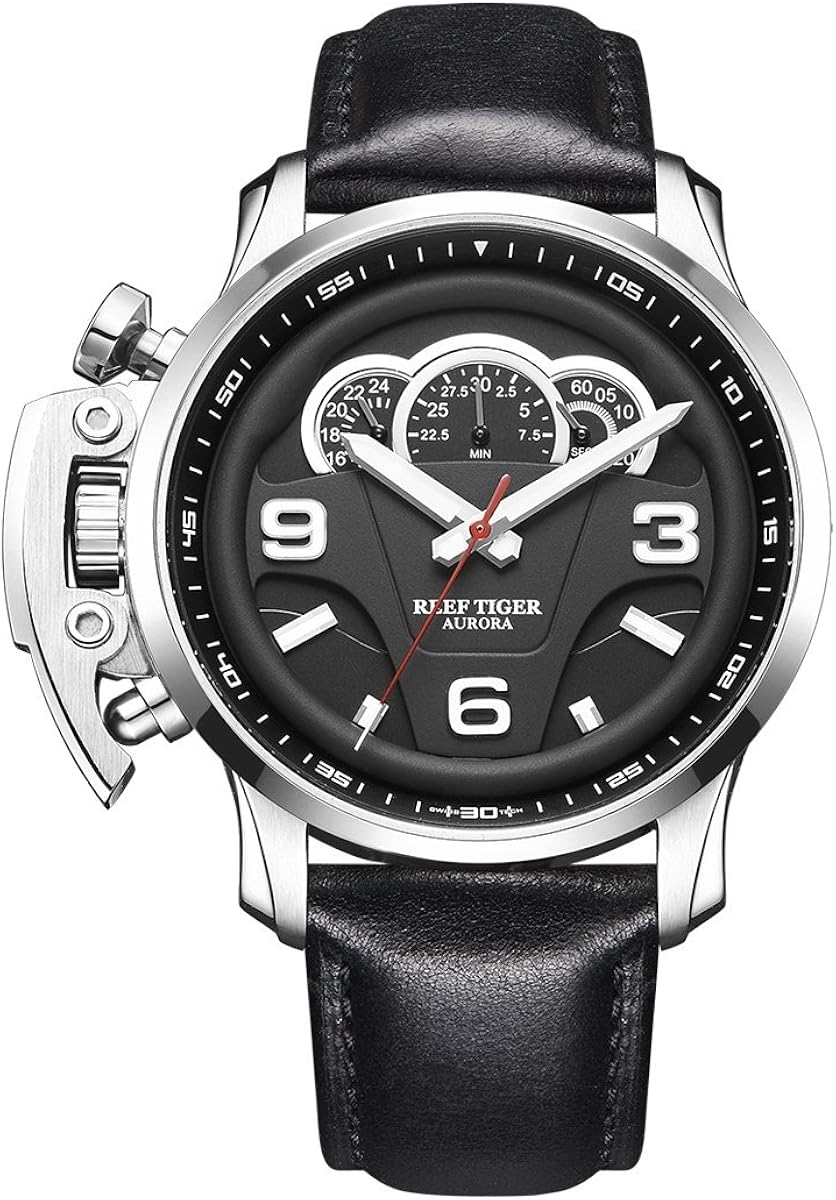 Reef Tiger RGA2105 Men Multifunction Sport Racing Dashboard Fashion Waterproof Quartz Wrist Watch with Leather Watchband
