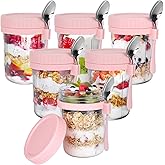 OcePor 6 Pack Overnight Oats Containers with Lids and Spoons, 16 OZ Glass Mason Overnight Oats Jars, Large Capacity Airtight Jars for Milk, Cereal, Fruit(Pink)