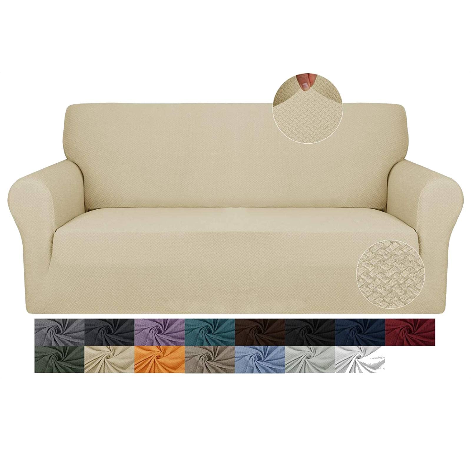 MAXIJIN Creative Jacquard Couch Covers for 2 Seater, Super Stretch Non Slip Love Seat Sofa Cover for Dogs Pet Friendly Elastic Furniture Protector Loveseat Slipcovers (2 Seater, Light Beige)