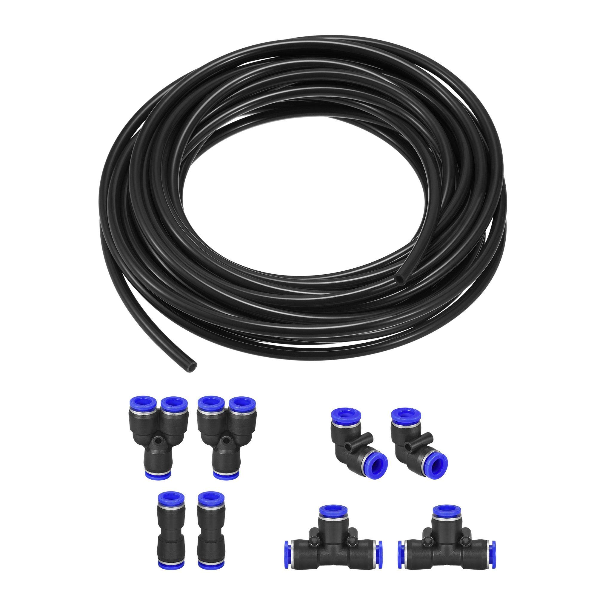 sourcing map Pneumatic Air Hose Tubing PU Air Compressor Tube 5mmID x 8mmOD x 10m Pipe Black with Connect Fitting Kit