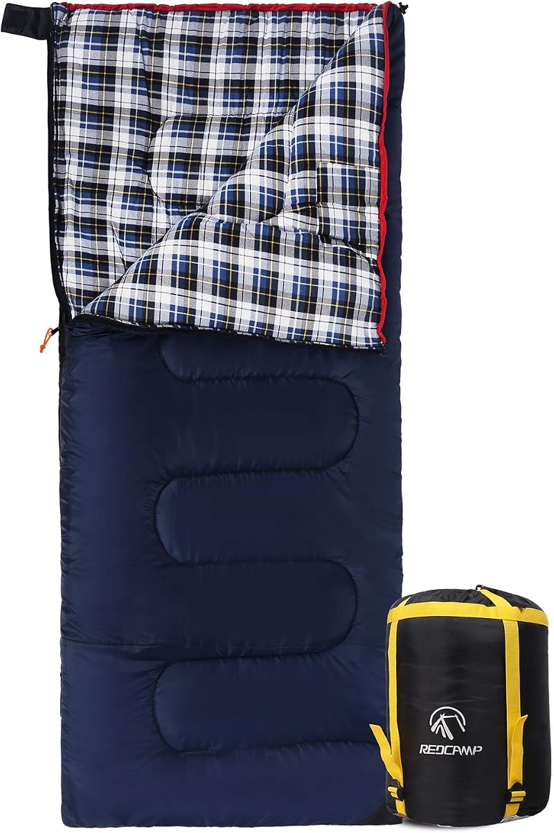 REDCAMP Cotton Sleeping Bag Adult 75 x 33 Flannel 4 Season 210T Polyester