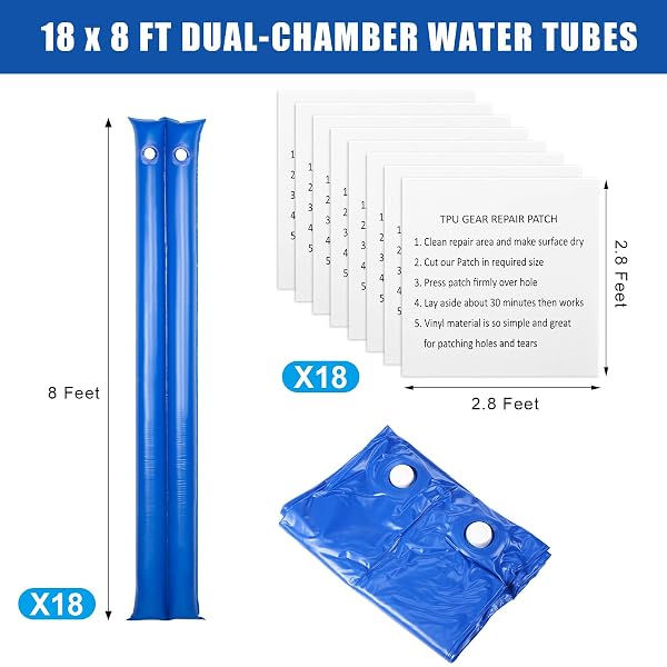 AORIHER 18 PCS 8 FEET WATER BAGS FOR POOL COVER DOUBLE WATER TUBE POOL COVER WEIGHTS WITH TRANSPARENT TPU PATCH TAPE REPAIR TAPE FOR WINTER (BLUE)