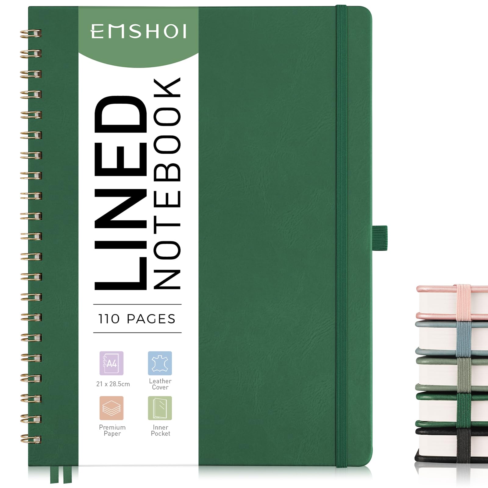 EMSHOI A4 Notebook Lined Journal, 100 GSM, PU Leather Hardcover, Sticky Notes, Pocket, Pen Loop, Ruler, Bookmark, 110 Pages Ruled Spiral Notepad for Women Men Writing, 21 x 28.5cm, Green