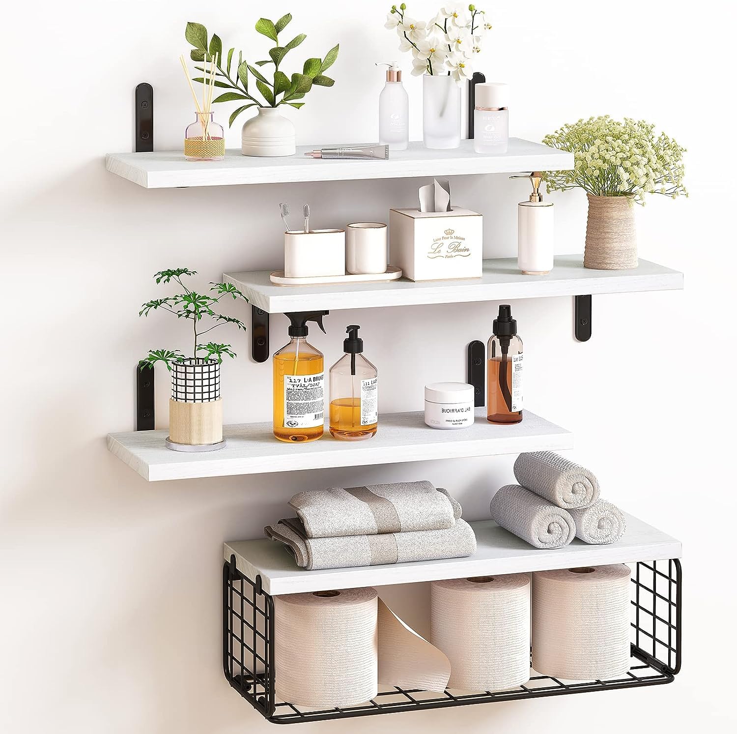 4+1 Tier Floating Shelves, Rustic Wood Wall Mounted Shelf, Bathroom Shelves Over Toilet with Wire Storage Basket, Farmhouse Wall Decor for Bedroom, Living Room, Kitchen, Office, and More (White)