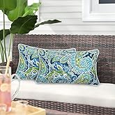 Magpie Fabrics Pack of 2 Outdoor Lumbar Pillow Case Covers 12"x20", Waterproof Rectangular Throw Pillowcase Shell Decorative Sham for Patio Garden Couch - Paisley Lapis Green