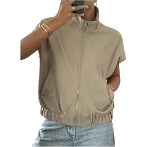 SHENHE Women's Zip Up Short Sleeve Jacket Stand Collar Jacket with Pockets | Lightweight Jacket ,Short Sleeve,Collar Neck,Dro