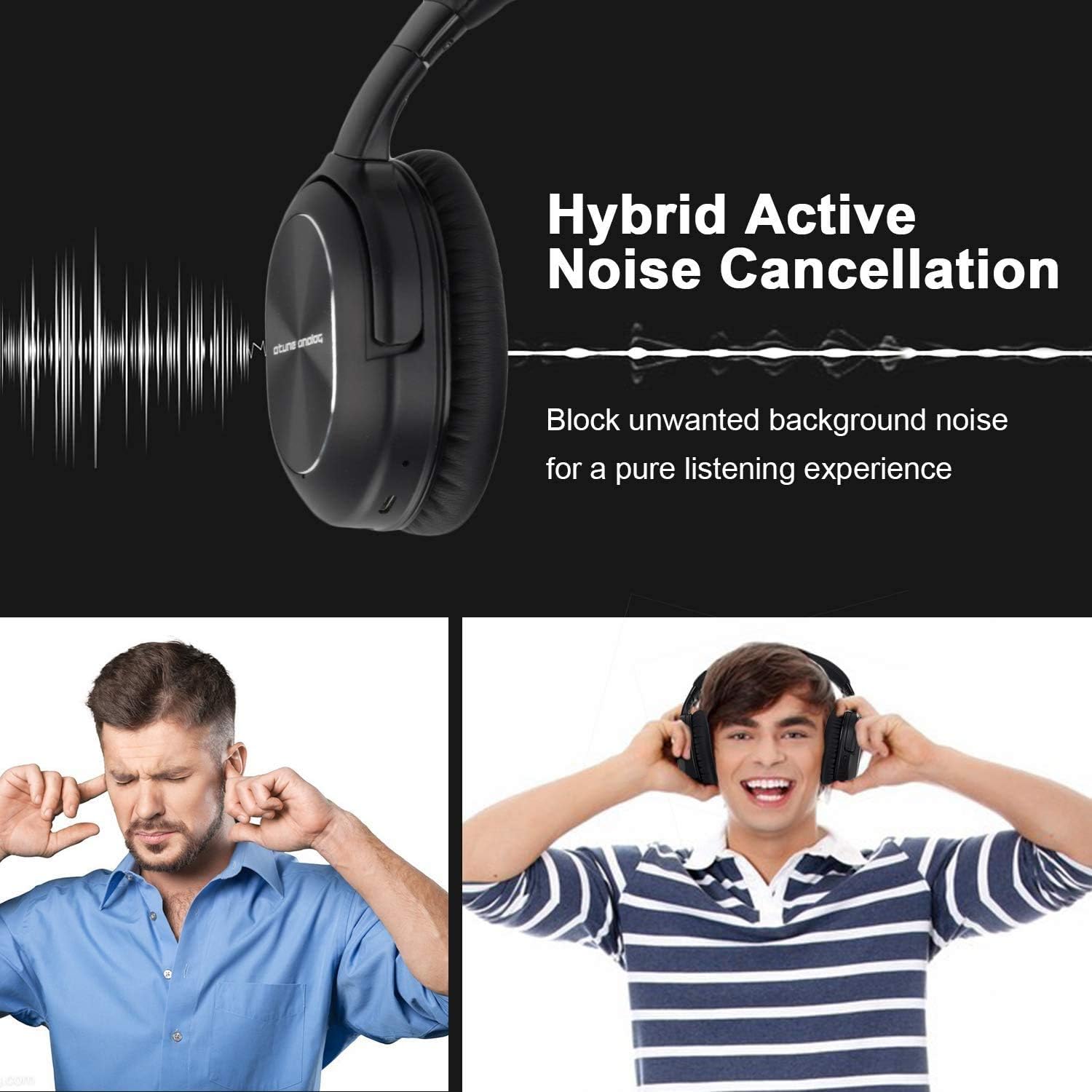 Atune Analog Bluetooth Headphones Wireless Active Noise CancellingHeadphones With Microphone Over-Ear Lightweight Foldable 20H Playtime Comfortable Protein Earpads micro-USB Charge PortTelescopic Arms