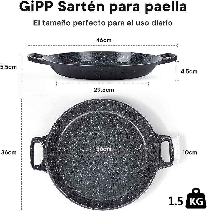 Paellera de Aluminio 36cm, Paellero con Revestimiento Cerámico Antiadherente y antioxidante, Apta Para Todo Tipo de Cocinas Incluida Inducción, 6-8 Raciones