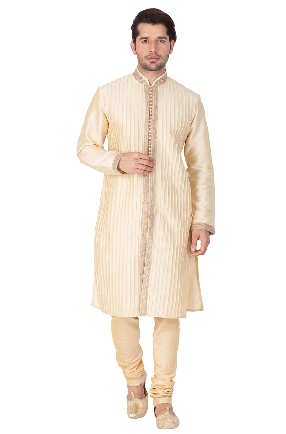 vastramay men cotton silk kurta and pyjama set (gold_vasmkgo003npgo)