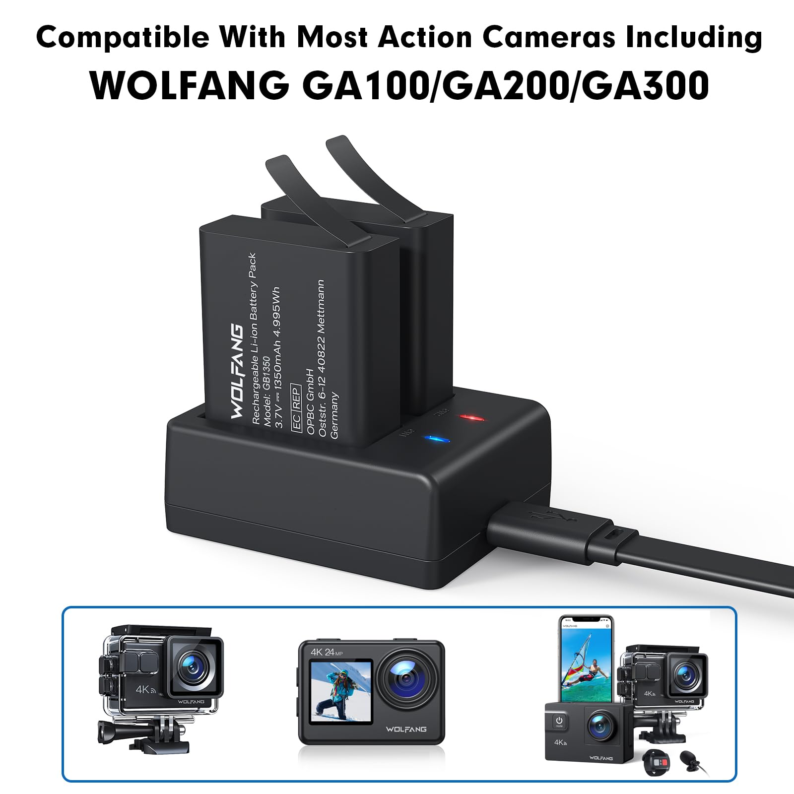 WOLFANG 1350mAh batteries compared to 1050mAh batteries, showing increased photo and video capacity