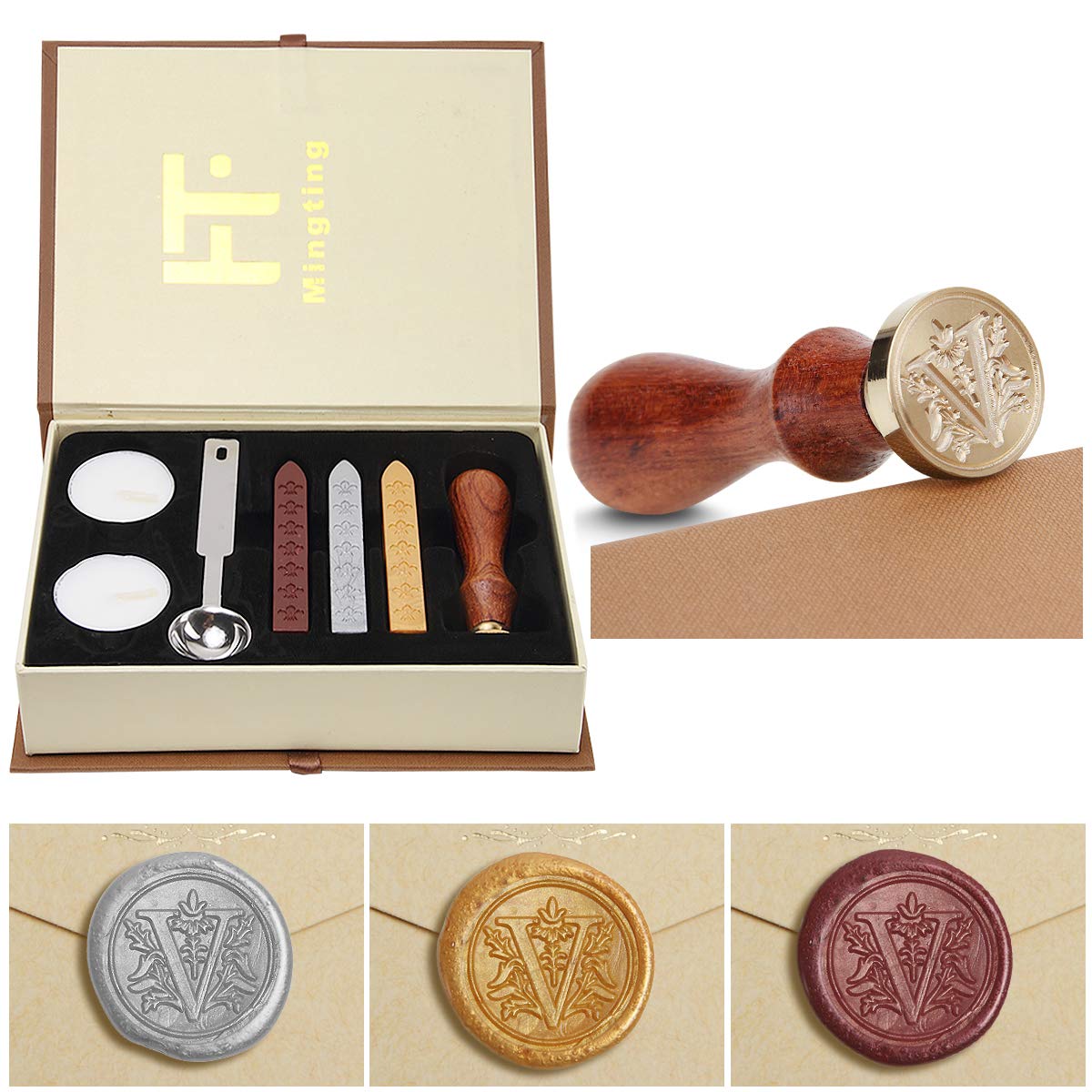 Wax Seal Stamp Kit, PUQU Classical Old-Fashioned Antique Wax Stamp Seal Kit Initial Letters Alphabet Set Gift Box with Vintage Wooden Handle and Brass Color Head (V)