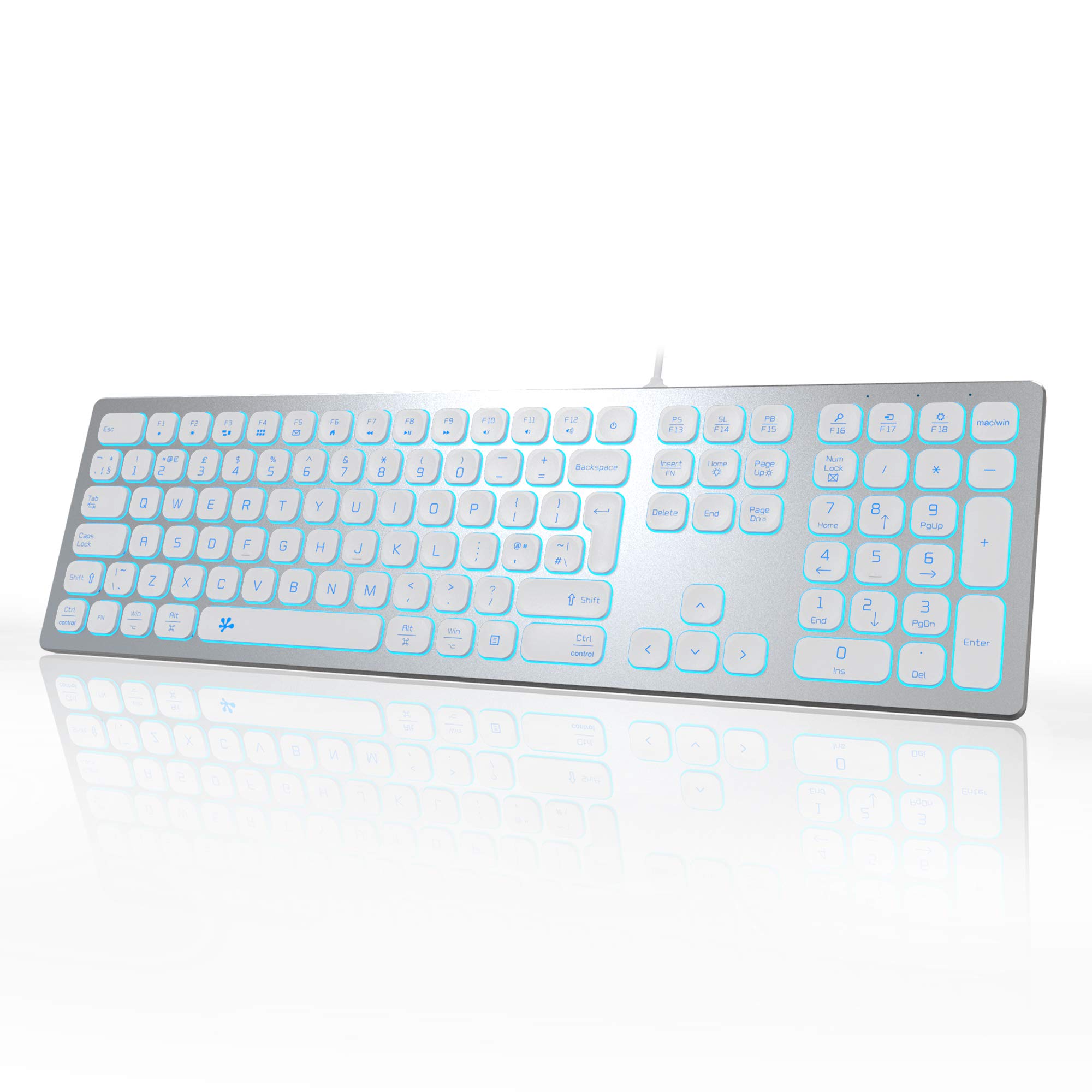 B.FRIENDIT Aluminum Slim Backlit Keyboard Wired - UK Layout Compatible with Apple iMac, Macbook, Mac and PC, USB Keyboard Numeric Keypad RGB Backlit Key - Silver White