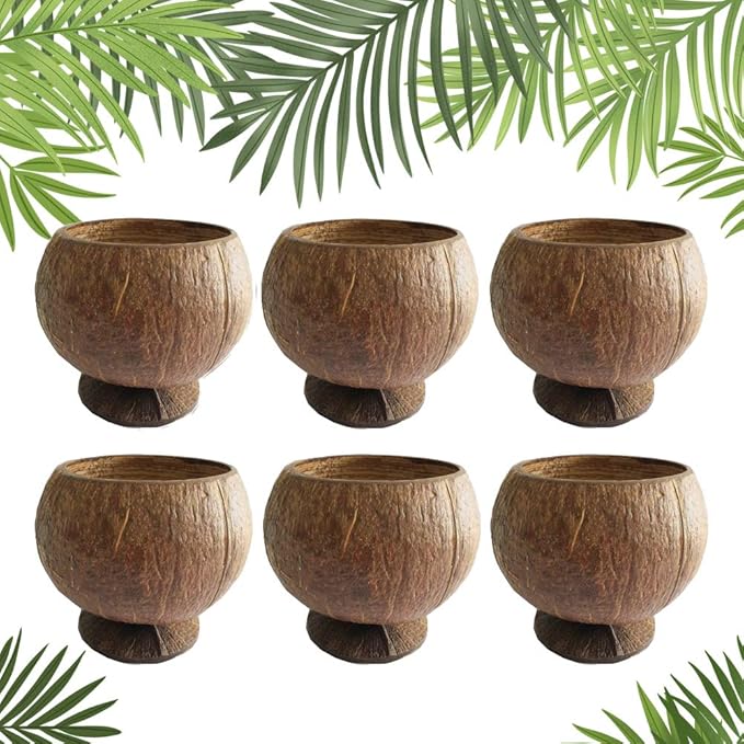 Natural Coconut Shell Cups, 12oz Hawaiian Theme Luau Party Cups Supplies,6 Pack
