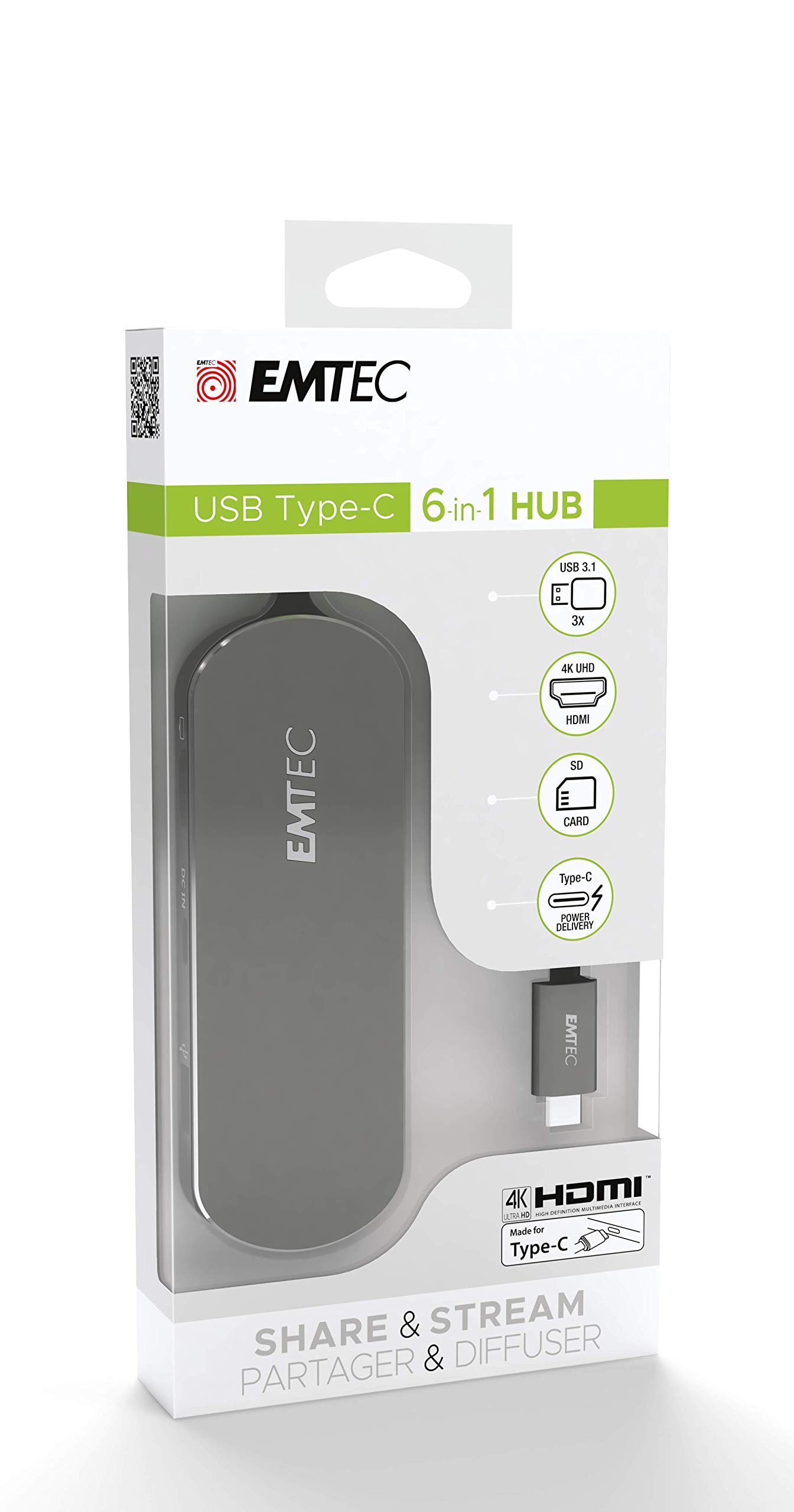 Emtec USB Type C Hub T650C incl. SD Card Reader 3 x USB-A 3.0, USB-C, SD Card Reader, HDMI