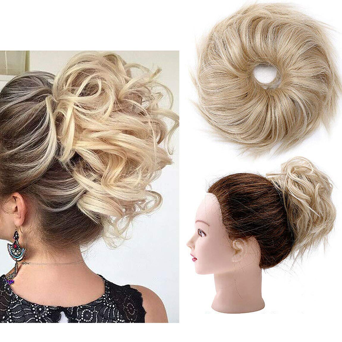 Real Fashion Tousled Updo Hair Pieces Messy Bun Hair Scrunchies Extensions Hair Pieces Ponytails Hair Extensions for Women Dark Blonde to Bleach Blonde