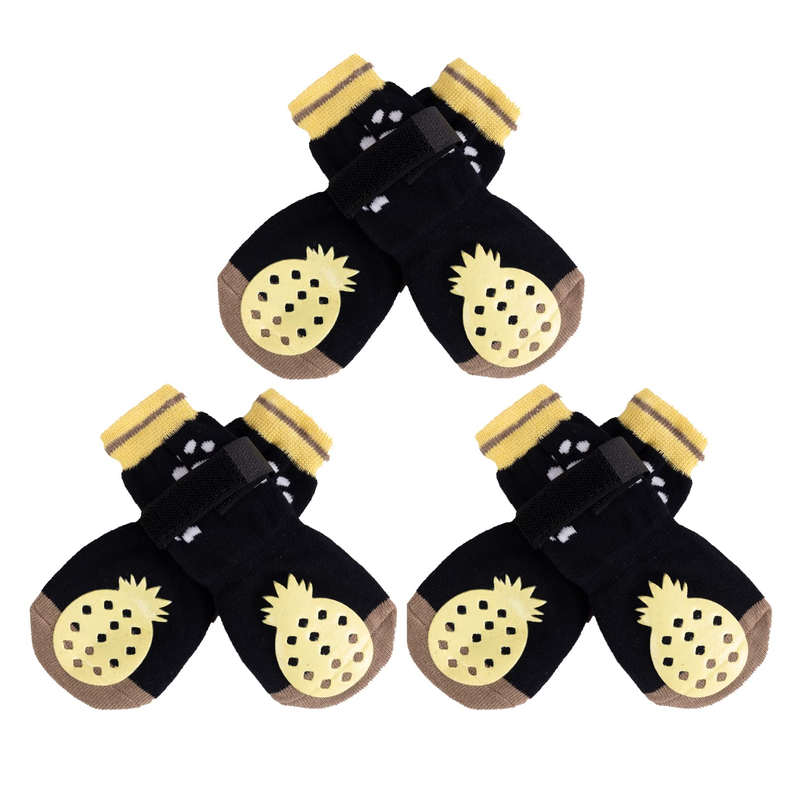 EASY JOY 3 Pairs Anti Slip Dog Socks with Adjustable Straps - Dog Foot Protector for Injured Paws, Dog Paw Socks with Grips Stop Licking, Yellow Pineapple Pattern, Size L