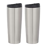 Amazon Basics Stainless Steel Tumbler with Flip Lid, Vacuum Insulated – 30-Ounce, 2-Pack, Silver