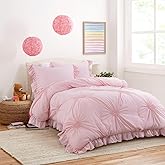 HOMBYS 5 Piece Pink Bedding Comforter Set for Girls with Matching Sheets and Shams, Twin Size Blush Pinch Pleat Comforter Set with Ruffles for All Season