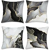 Bonhause Black Gold Grey Marble Throw Pillow Covers 18 x 18 Inch Marble Texture Modern Decorative Pillow Cases for Couch Sofa Bed Home Decor Set of 4