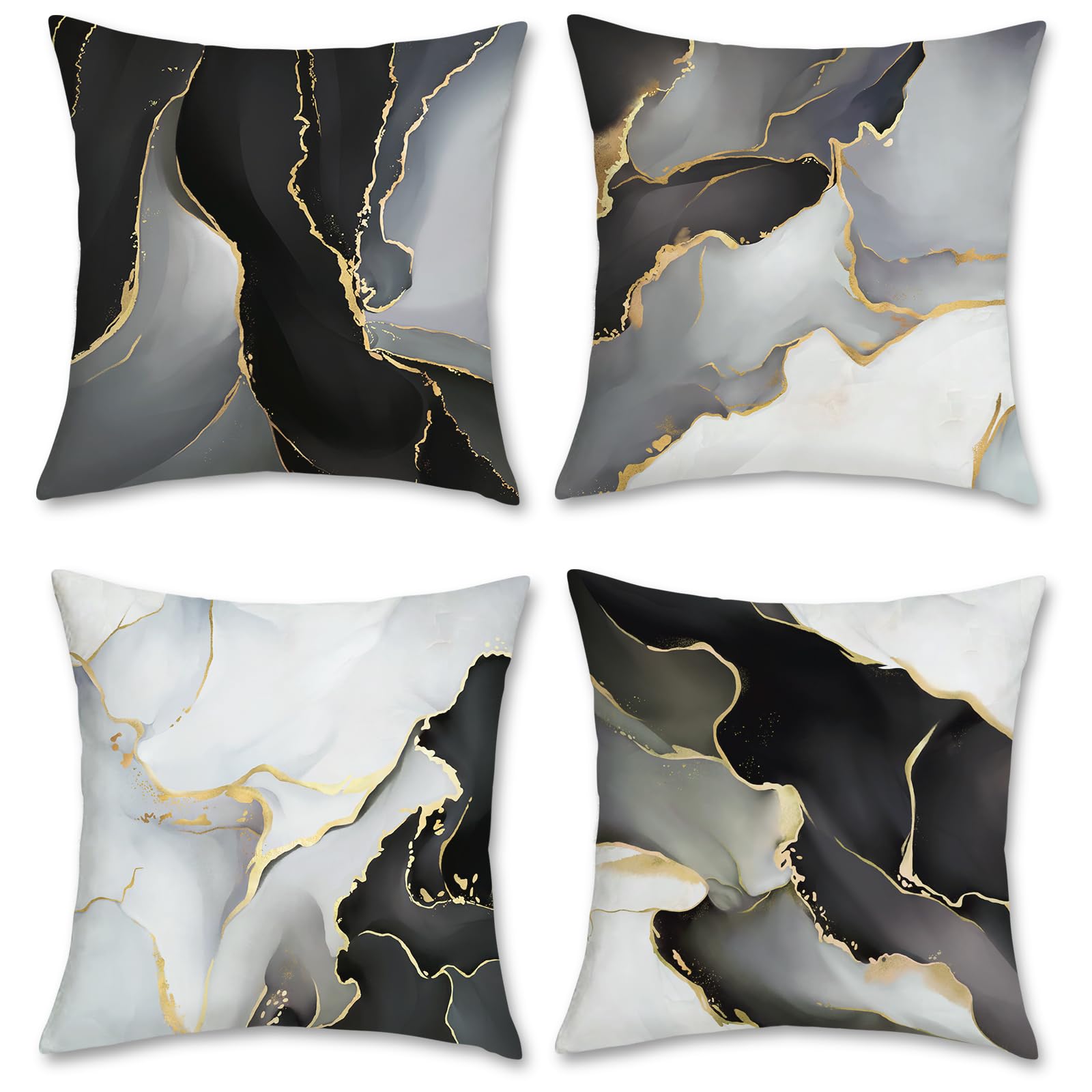 Bonhause Black Gold Grey Marble Cushion Covers 45 x 45 cm Marble Texture Modern Decorative Throw Pillow Covers Soft Velvet Pillowcases for Sofa Bed Home Patio Decor Set of 4 — image 1