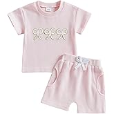 Suolongsama Toddler Kids Baby Girl Summer Clothes Bow Short Sleeve T-shirt Top and Shorts Set 2Pcs Waffle Outfits