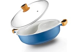 MODERN INNOVATIONS Nonstick Hot Pot with Divider, Blue Shabu Shabu Pot with Silicone Spoons, Divided Pot for Cooking in Two Broths at Once, Hot Pot Cooker for Electric Induction, Gas Stove, or Grill, Pan with Divider