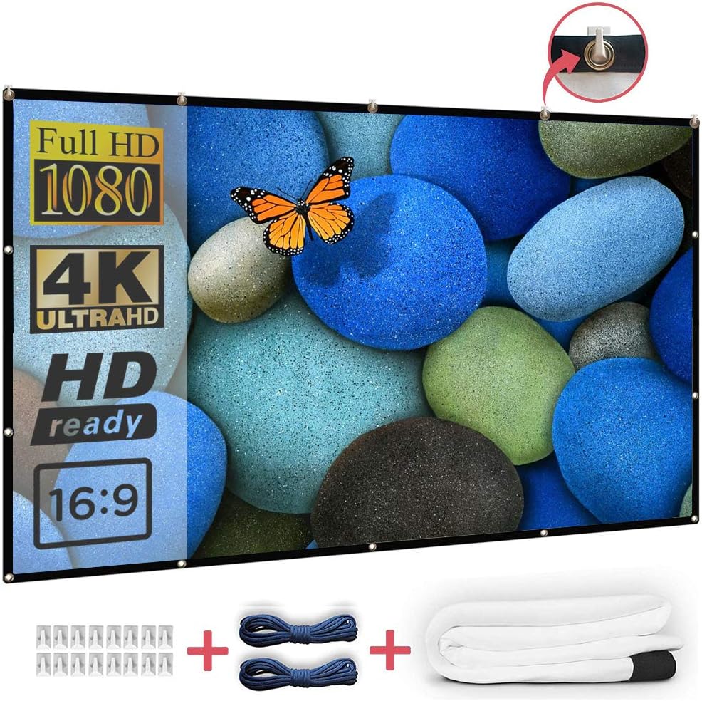 Projector Screen 120 inch - Portable Movie Screen 16:9 Outdoor Indoor Projection Screen with Hanging Ropes Hooks, Anti-Crease Front Rear View for Home Theater Cinema Video Film