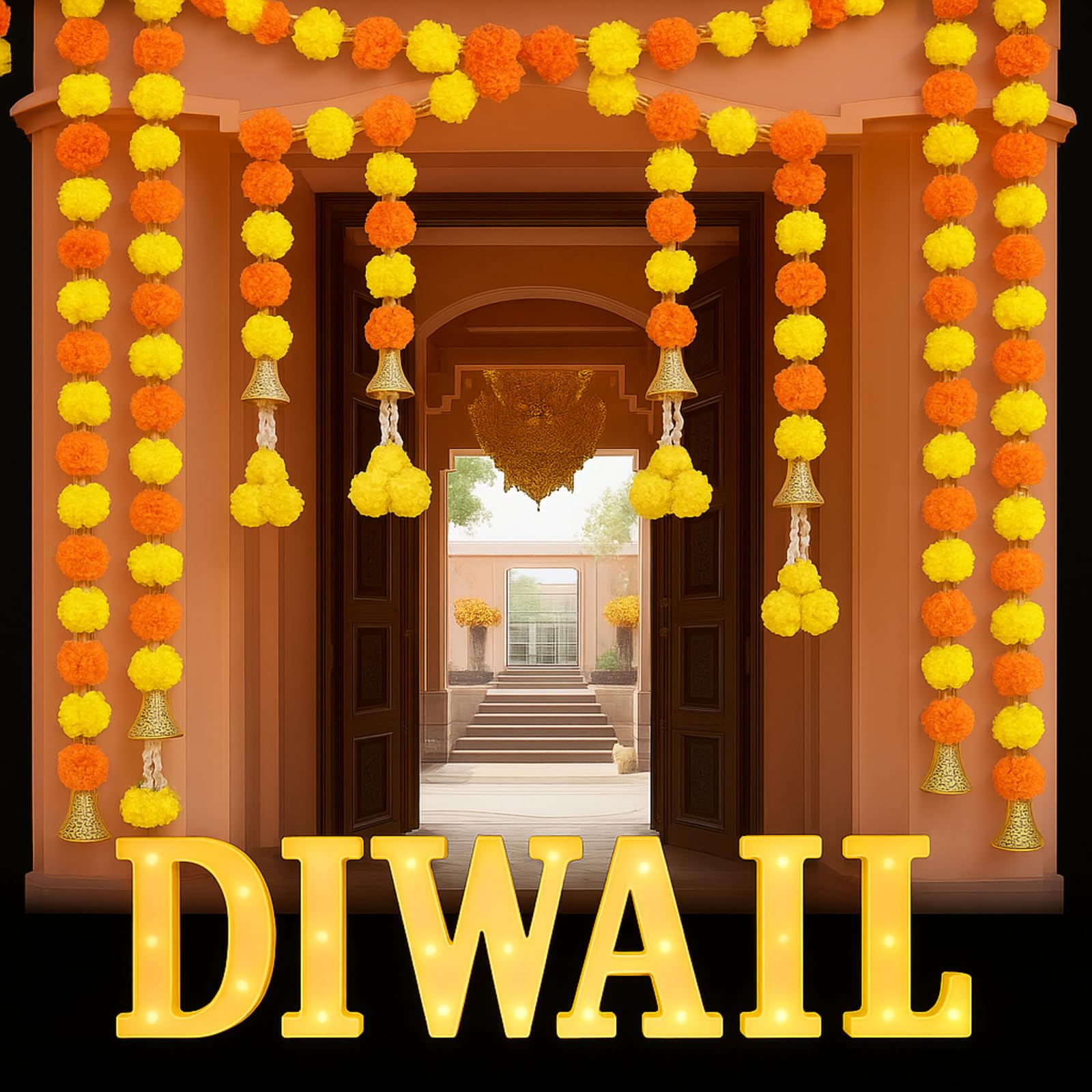 Photo 1 of 11pcs Marigold Garland for Decoration and Diwali Light up Letter Decoration 5 Feet Long Artificial Marigold Flower Garland with Bell for Mandir Decor Indian Hindu Pooja Room Light for Puja Party Decor