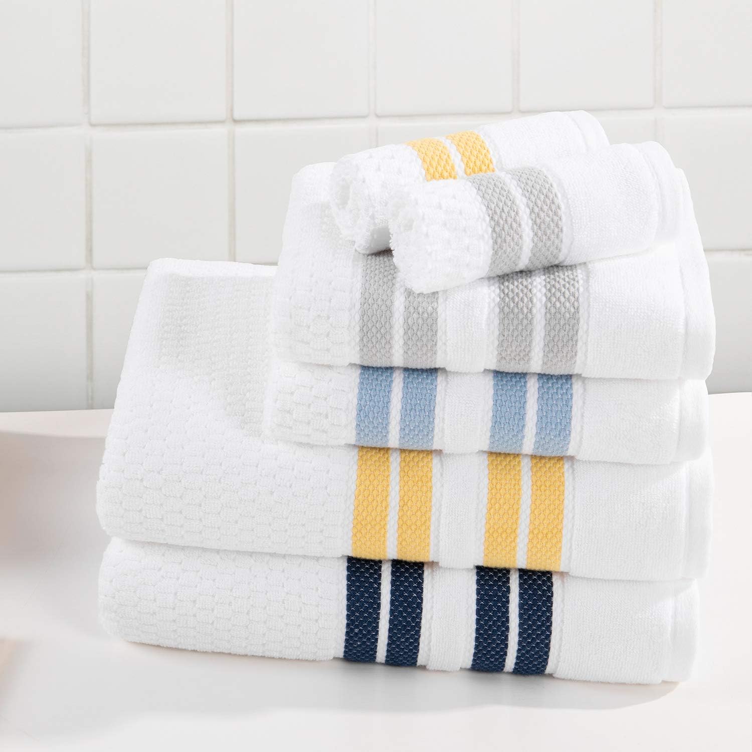 Truly Lou 100% Cotton Quick Dry Textured Bath Towel Set, 6 Piece Set - 2 Bath Towels, 2 Hand Towels and 2 Washcloths, Absorbent, Quick Dry, Soft, Striped Bathroom Towels Mayfield (Light Grey / White): Kitchen & Dining
