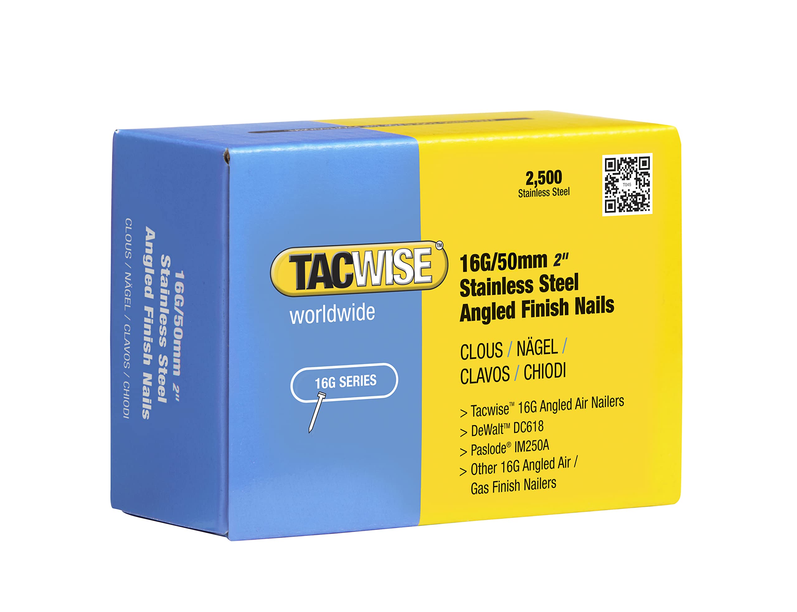 Tacwise 1225 Type 160 (16G) / 50 mm Stainless Steel Angled Finish Nails, 20° Inclined, Pack of 2,500