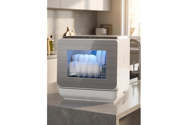 Sunvivi Portable Dishwasher with 152OZ Water Tank, 18" Countertop Dishwasher Machine fits up to 12" plates, Energy Star, 6 Preset Mode, 12H Delay Start, Small Dish Washer for Dorm RV&Apartment, White